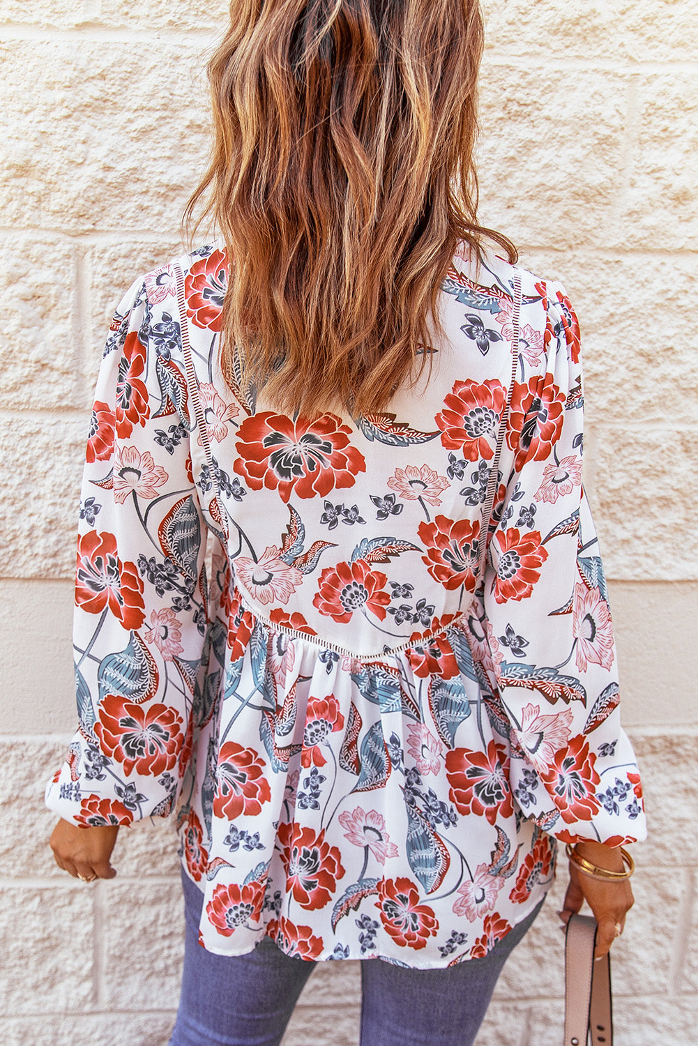 A stylish Split Neck Bubble Sleeve Floral Patchwork Blouse featuring a unique floral design, split v-neck, and bubble sleeves, perfect for casual wear.