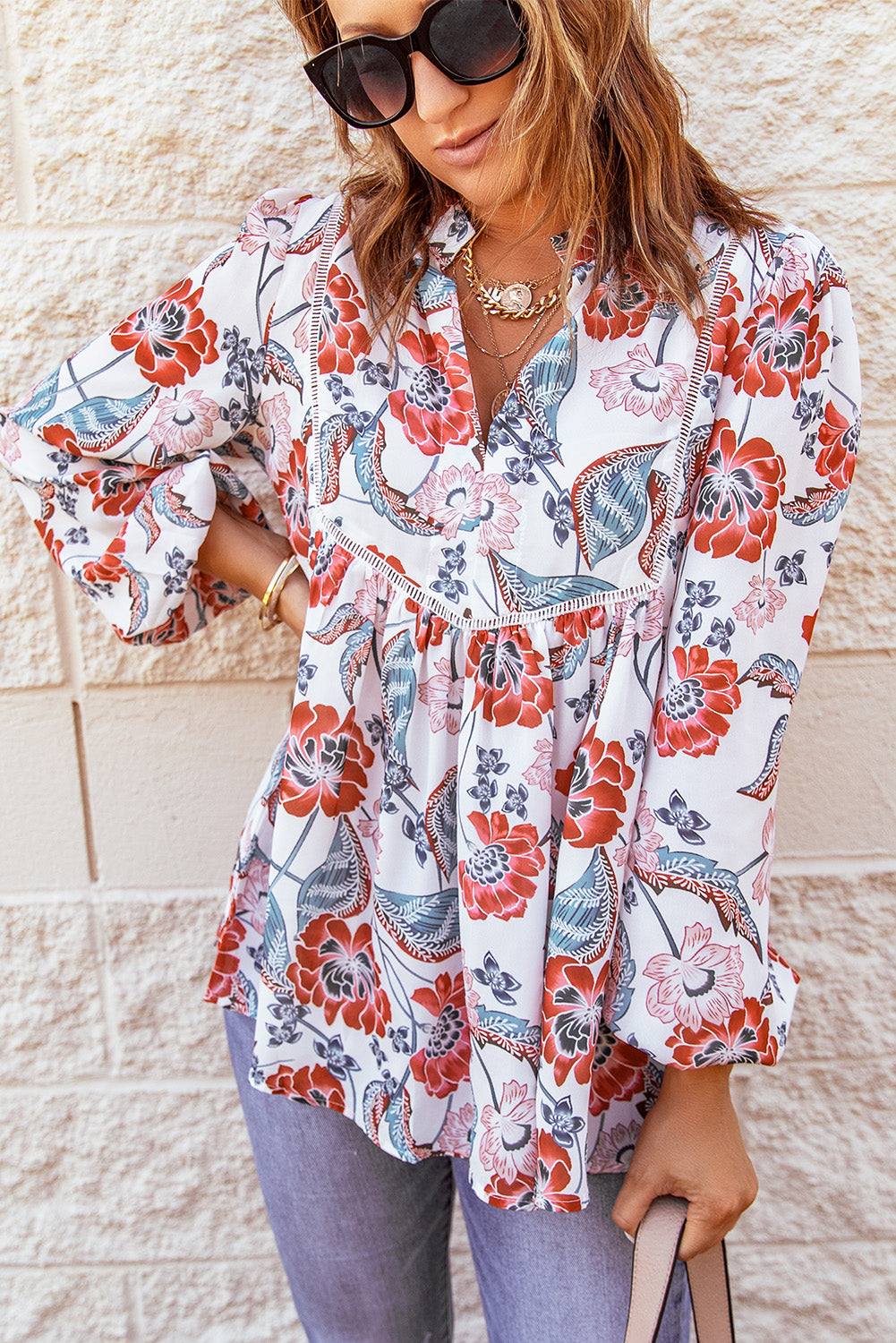 A stylish Split Neck Bubble Sleeve Floral Patchwork Blouse featuring a unique floral design, split v-neck, and bubble sleeves, perfect for casual wear.