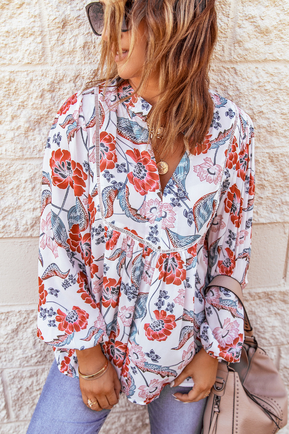 A stylish Split Neck Bubble Sleeve Floral Patchwork Blouse featuring a unique floral design, split v-neck, and bubble sleeves, perfect for casual wear.