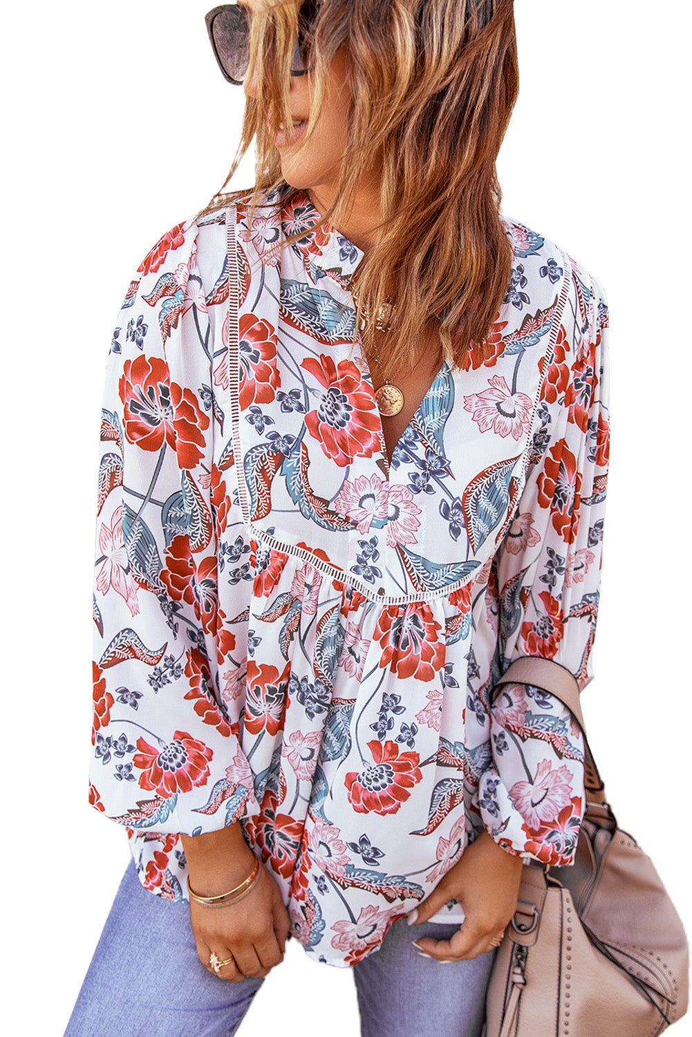 A stylish Split Neck Bubble Sleeve Floral Patchwork Blouse featuring a unique floral design, split v-neck, and bubble sleeves, perfect for casual wear.