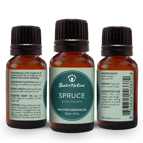 A bottle of Spruce Essential Oil with a wooden background, showcasing its rich, woodsy aroma.