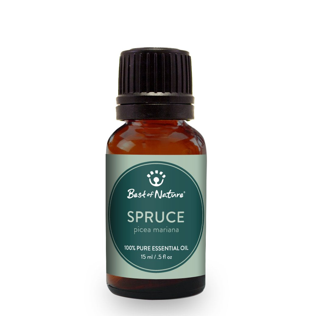 A bottle of Spruce Essential Oil with a wooden background, showcasing its rich, woodsy aroma.