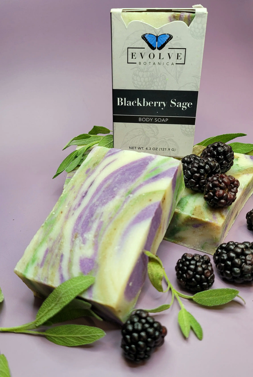 Standard Soap - Blackberry Sage bar with a rich blackberry color and sage leaves, showcasing its natural ingredients.