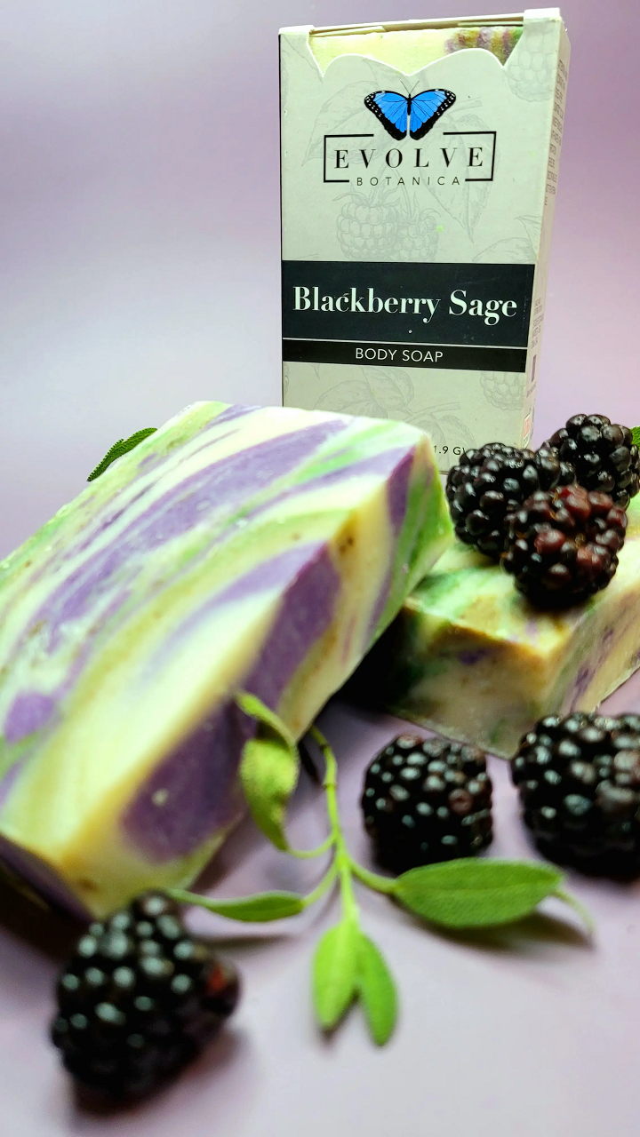 Standard Soap - Blackberry Sage bar with a rich blackberry color and sage leaves, showcasing its natural ingredients.