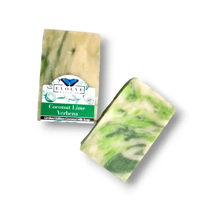 A bar of Coconut Lime Verbena soap with tropical coconut and lime scent, showcasing its natural ingredients and vibrant colors.