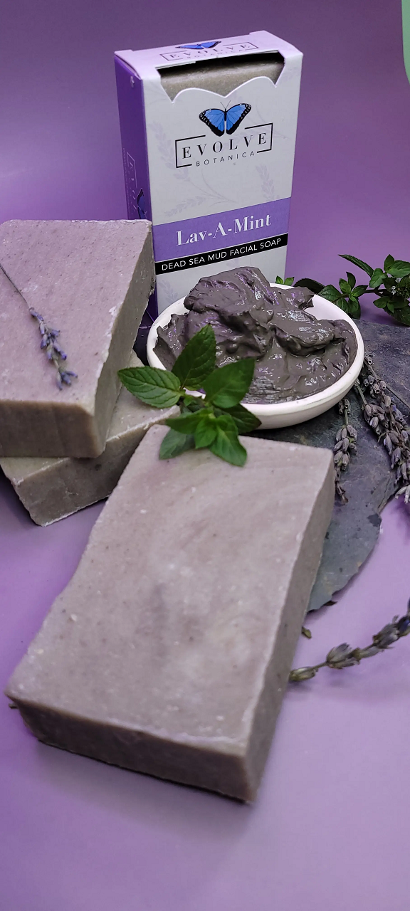 Lav-A-Mint Dead Sea Mud Facial Soap with lavender and spearmint essential oils, showcasing its rich texture and natural ingredients.