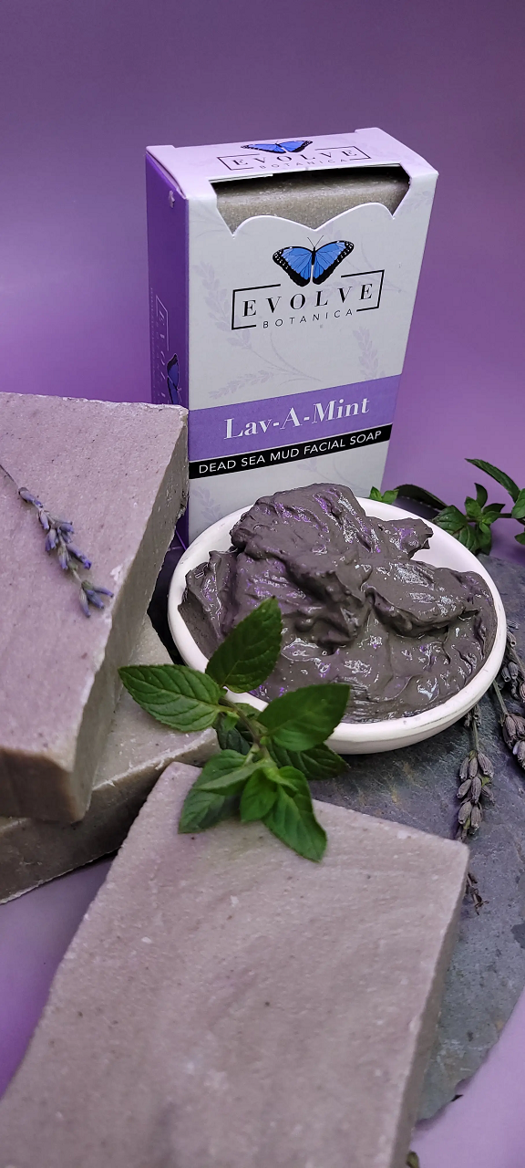 Lav-A-Mint Dead Sea Mud Facial Soap with lavender and spearmint essential oils, showcasing its rich texture and natural ingredients.