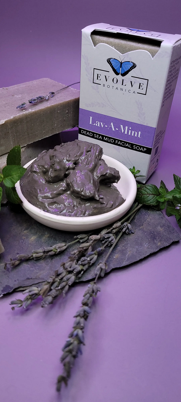 Lav-A-Mint Dead Sea Mud Facial Soap with lavender and spearmint essential oils, showcasing its rich texture and natural ingredients.