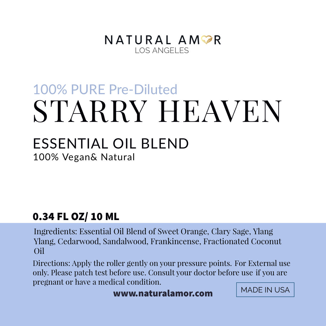 Starry Heaven Roll On Essential Oil Blend in a 10 mL bottle with a stainless steel rollerball, featuring a floral and herbaceous aroma.