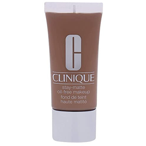 Clinique Stay-Matte Oil-Free Makeup Foundation in 15 Beige, showcasing the sleek packaging and product texture.