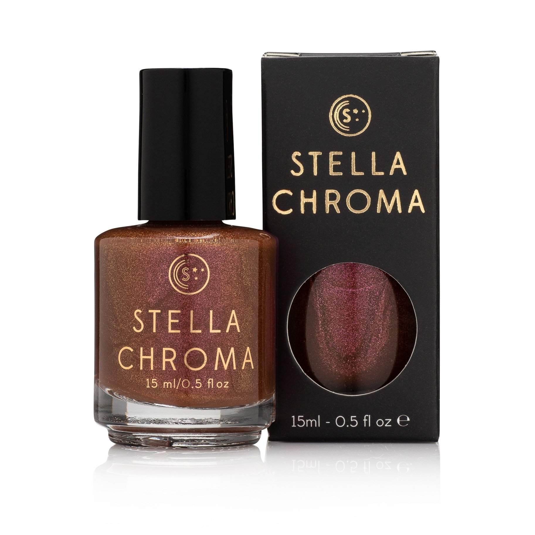 Stella Chroma Nail Polish in Cinnamon & Spice showcasing warm brown tones with pink and orange shimmer in a sleek bottle.