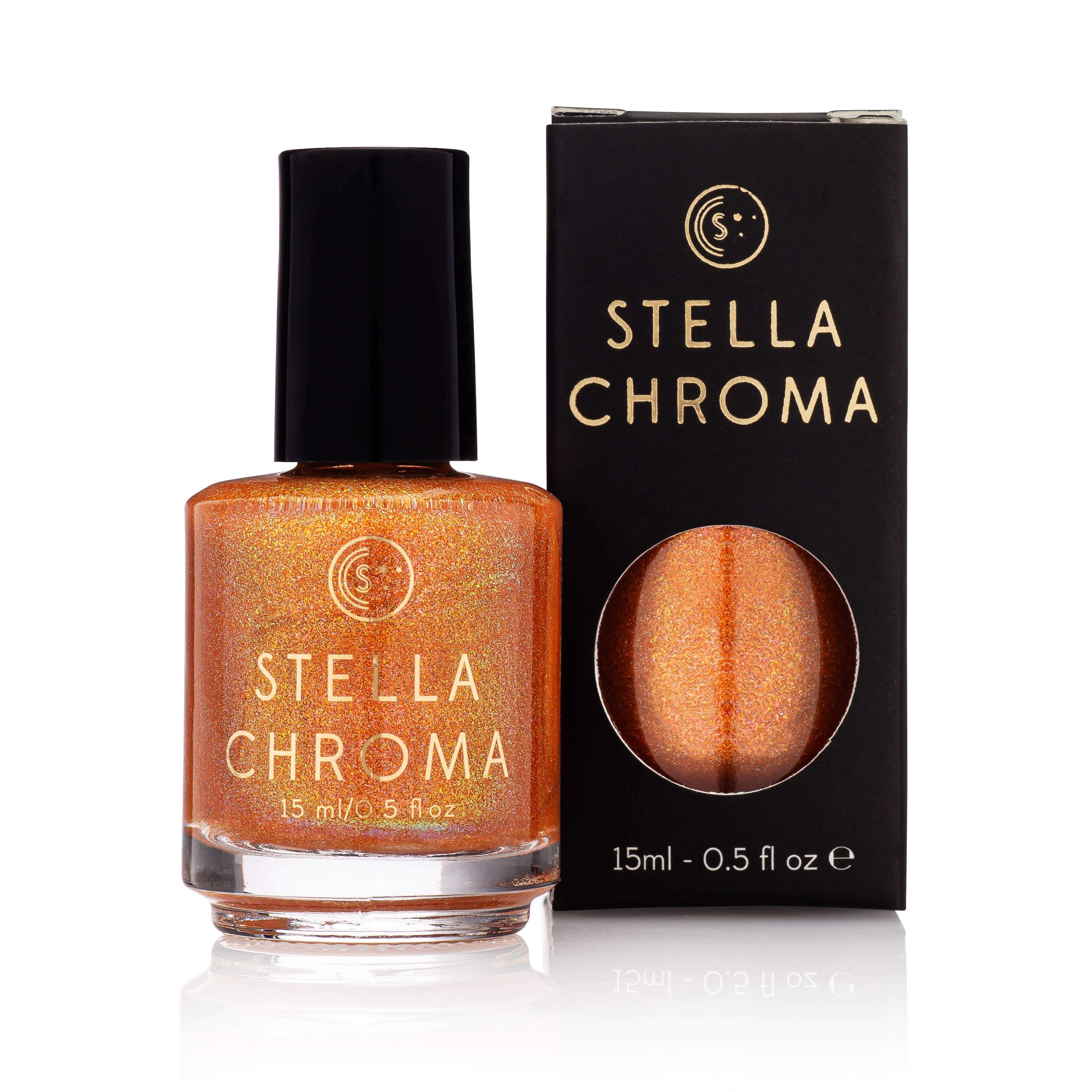 Stella Chroma Nail Polish in Hailey's Comet, a vivid orange holo with red and gold flash, displayed in a stylish bottle.