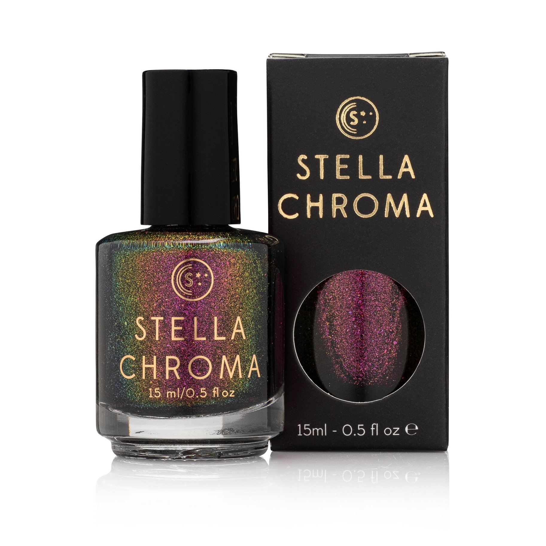 Stella Chroma Nail Polish in Perseus, a black jelly polish with gold-red-violet shifting magnetic flakes in a sleek bottle.