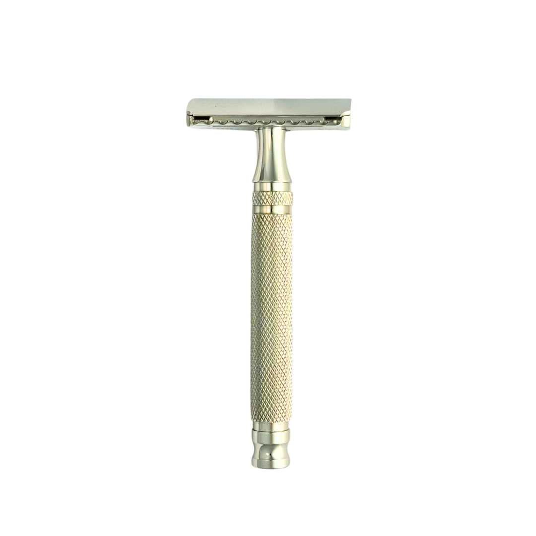 SteelMaster Razor by Shave Essentials, featuring a sleek design with a knurled handle made from durable 316 stainless steel.