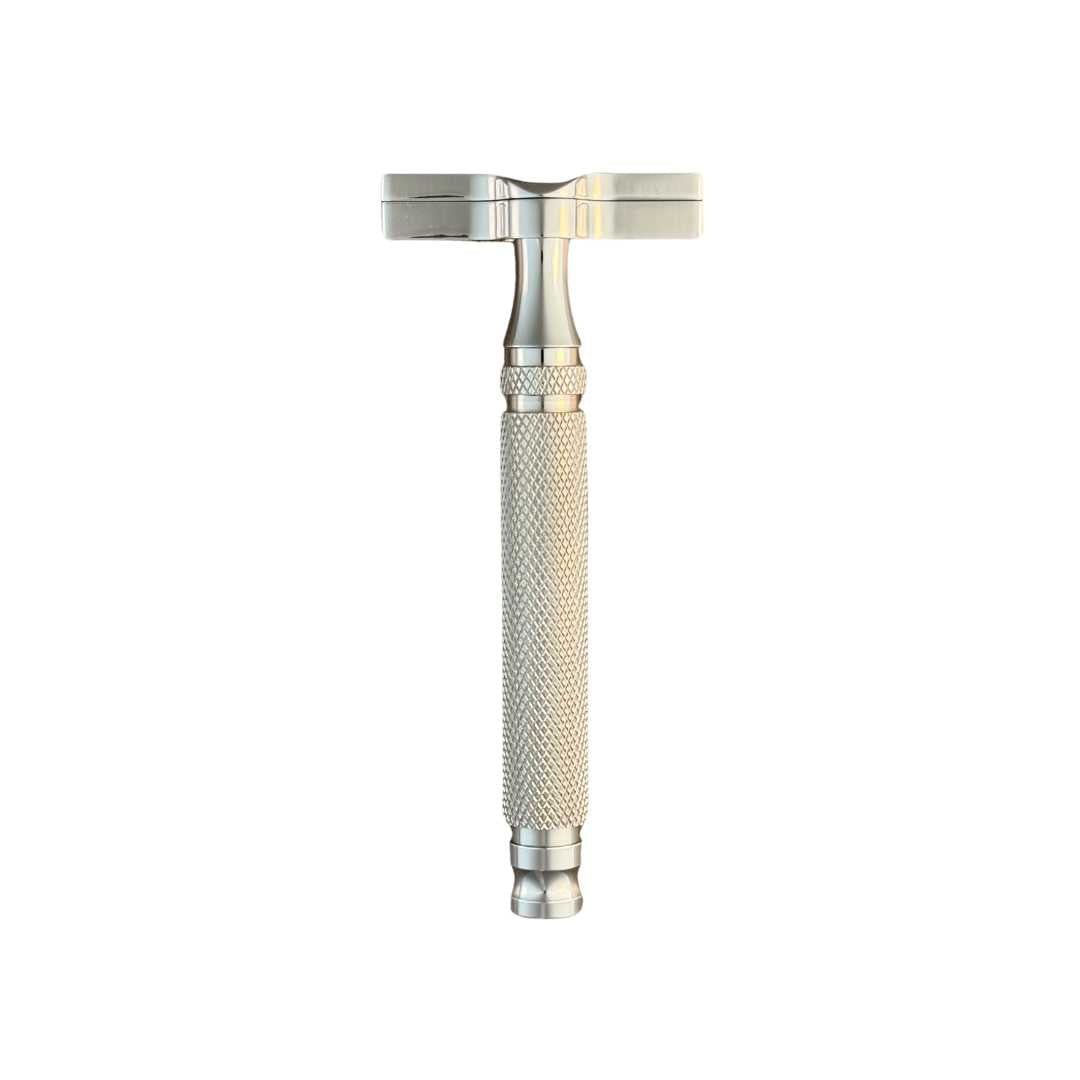 SteelMaster Razor by Shave Essentials, featuring a sleek design with a knurled handle made from durable 316 stainless steel.