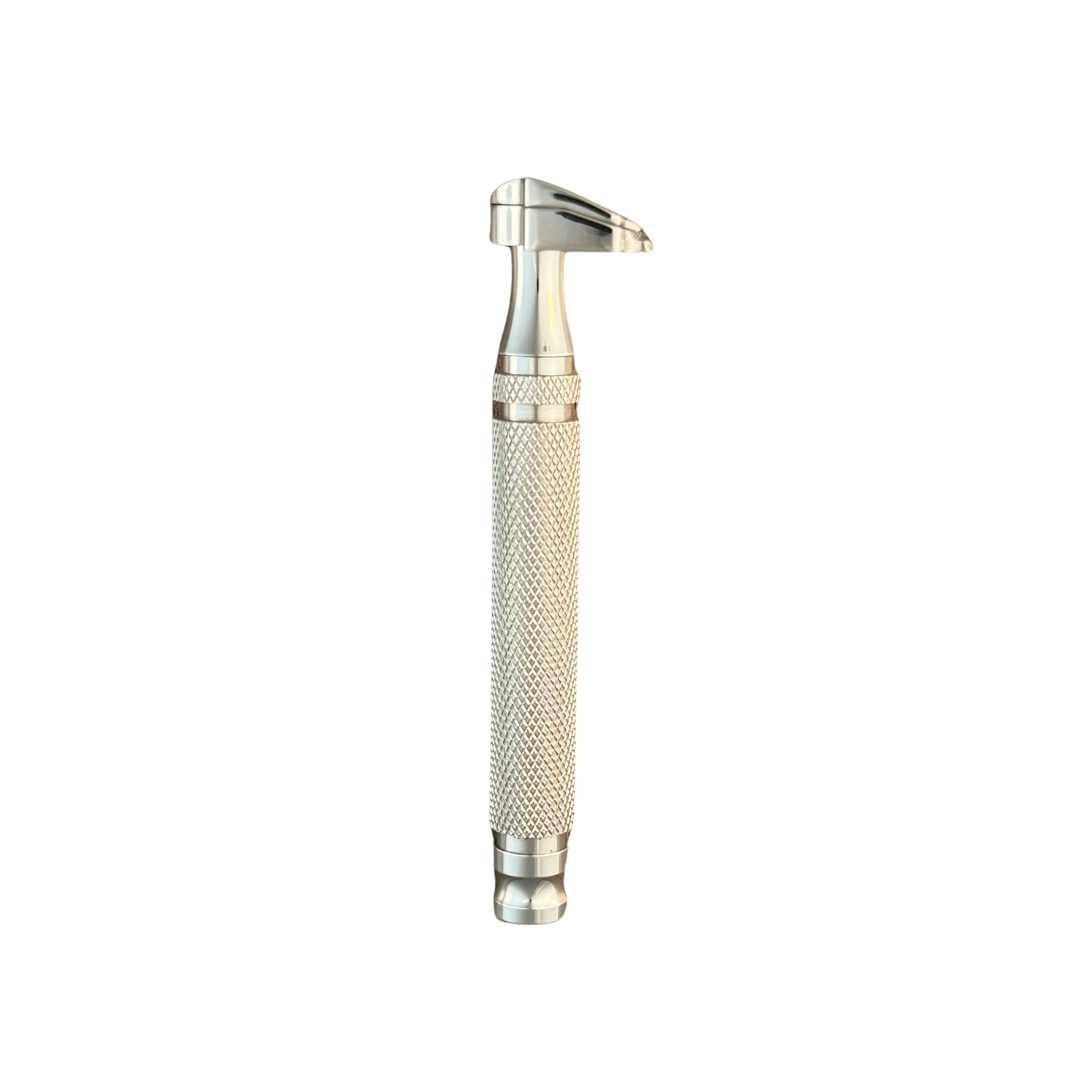 SteelMaster Razor by Shave Essentials, featuring a sleek design with a knurled handle made from durable 316 stainless steel.