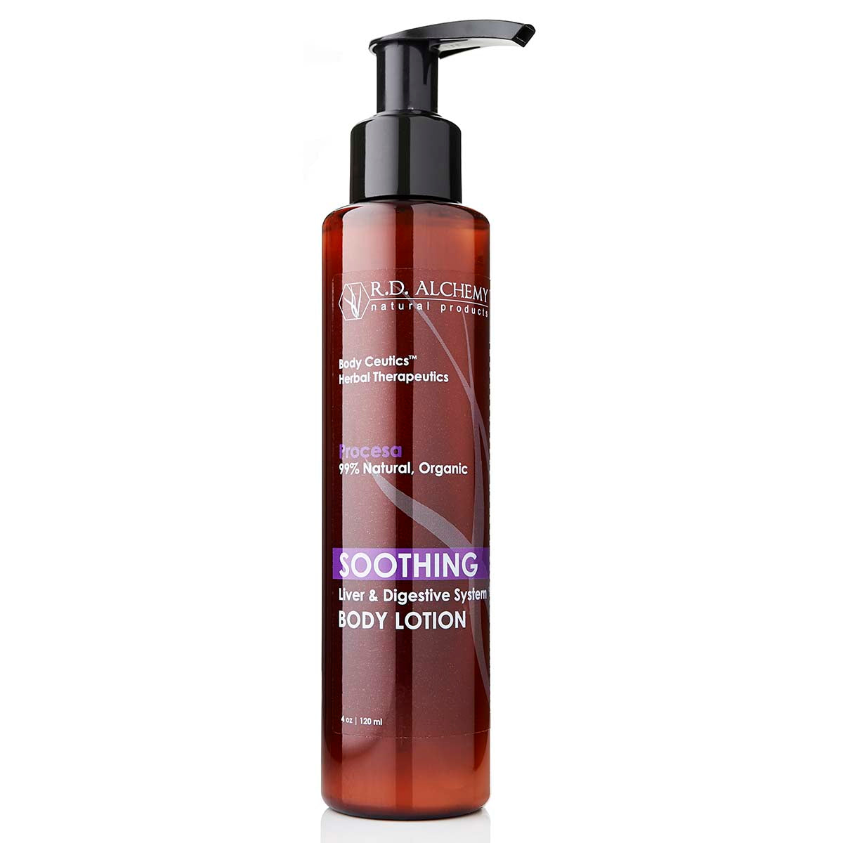 A bottle of Stomach Soothing Lotion with a soothing cream texture, designed to relieve bloating and nausea.