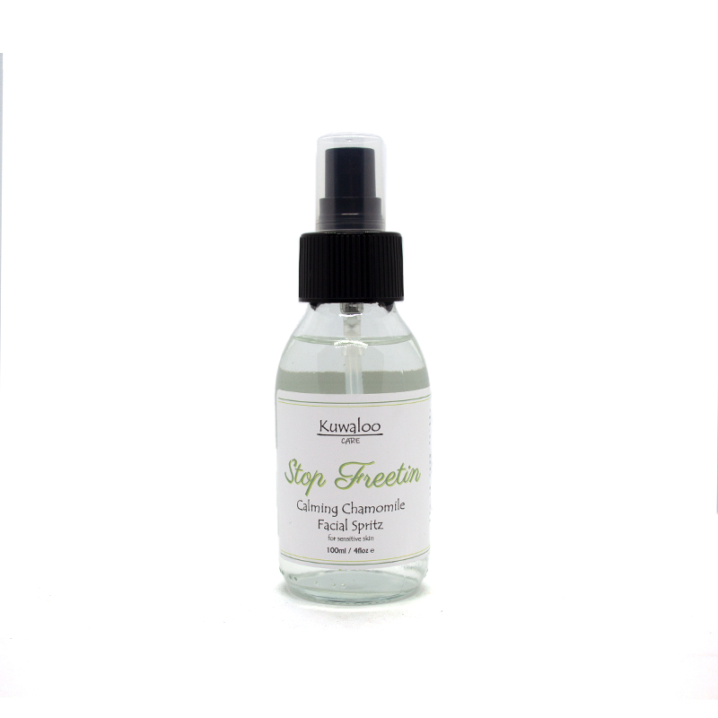 Stop Frettin' 100ml Calming Chamomile facial spritz bottle, designed for sensitive skin with a soothing mist.