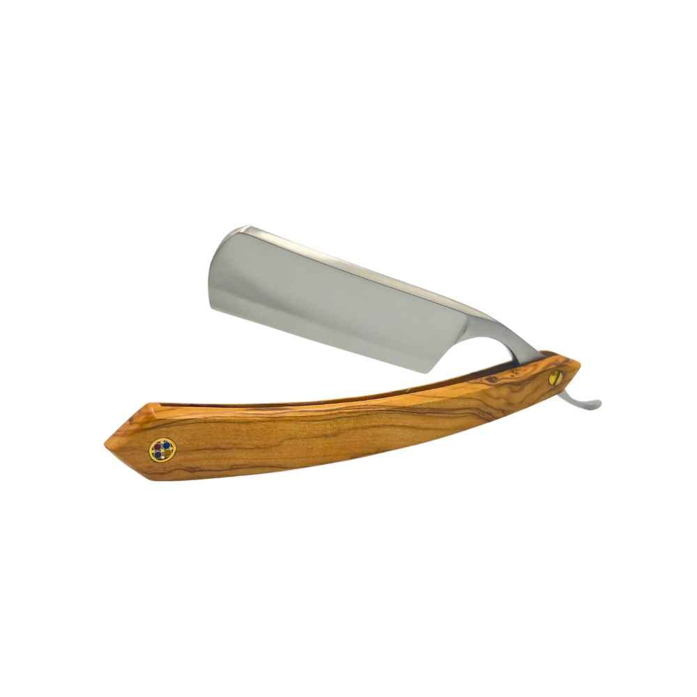 Vintage Straight Razor with natural wood handle and vegan leather pouch, showcasing its elegant design and craftsmanship.