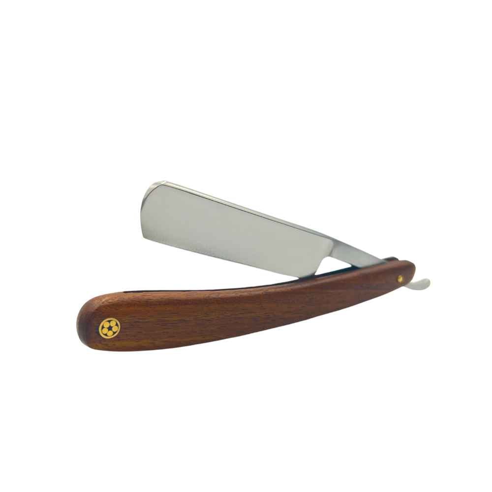 Vintage Straight Razor with natural wood handle and vegan leather pouch, showcasing its elegant design and craftsmanship.