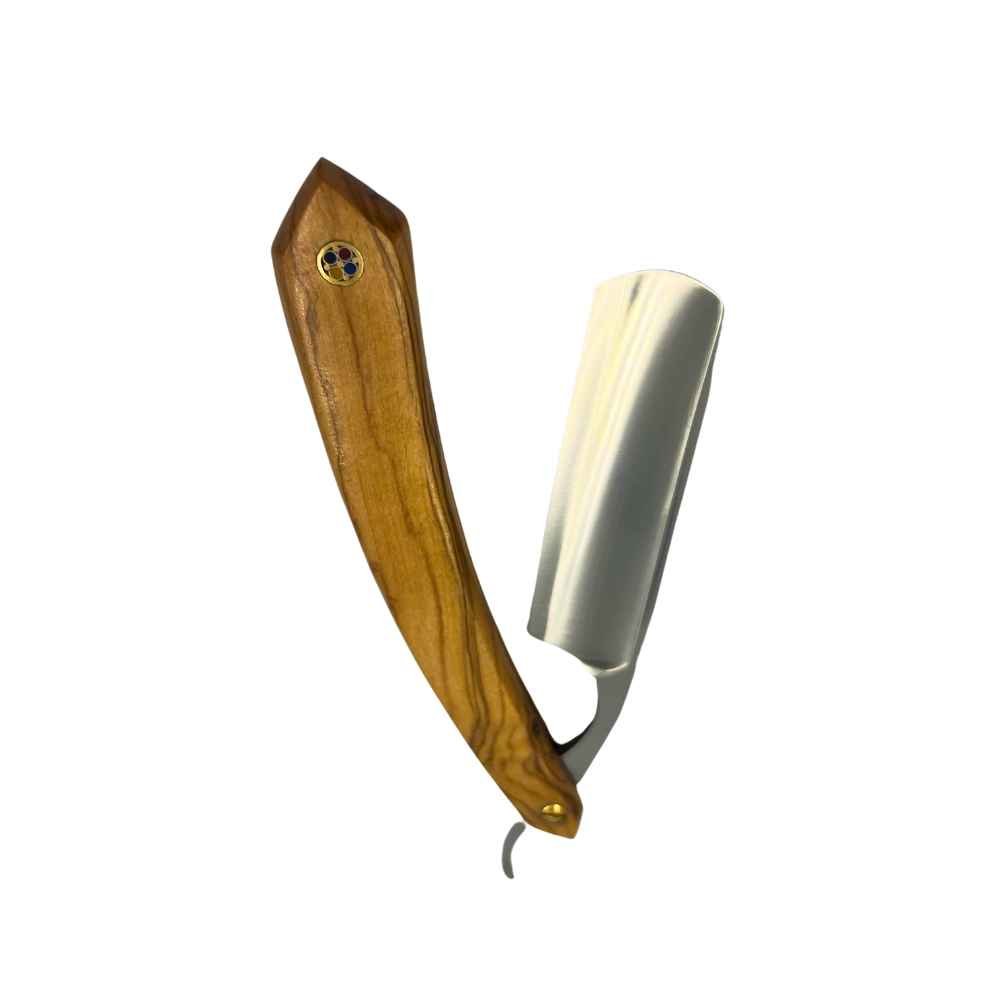 Vintage Straight Razor with natural wood handle and vegan leather pouch, showcasing its elegant design and craftsmanship.