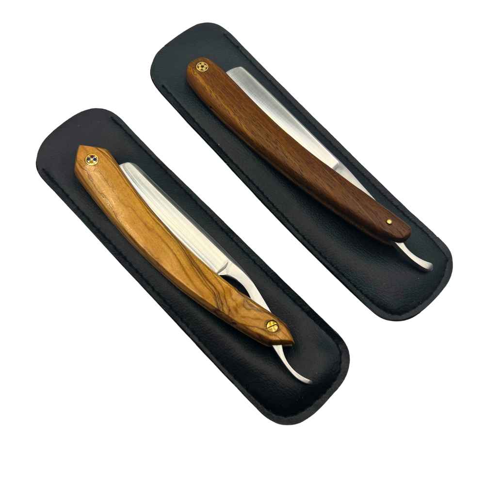 Vintage Straight Razor with natural wood handle and vegan leather pouch, showcasing its elegant design and craftsmanship.