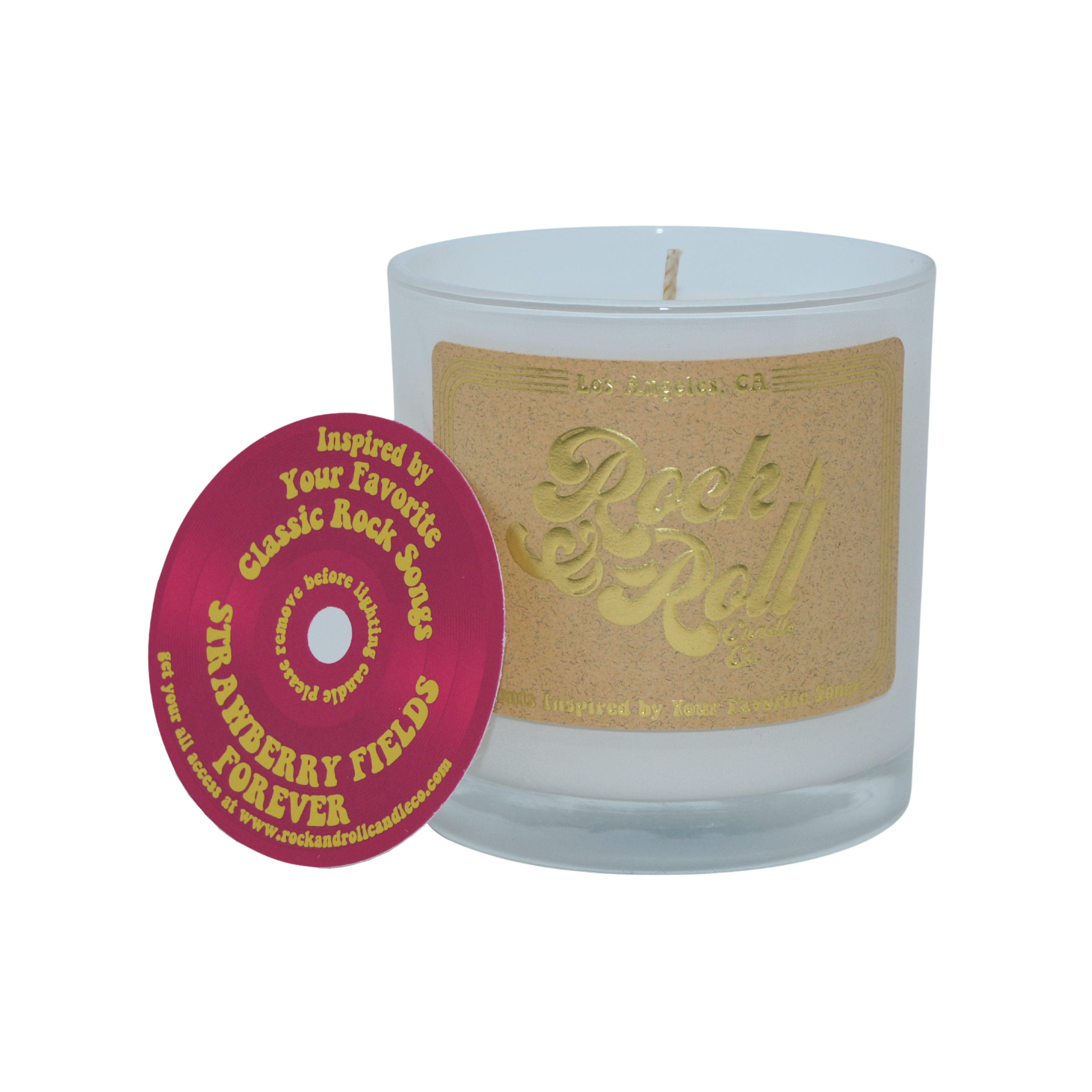 A beautifully crafted 10oz candle named Strawberry Fields Forever, featuring a vibrant label and a coconut wax base, exuding a sweet strawberry cheesecake scent.