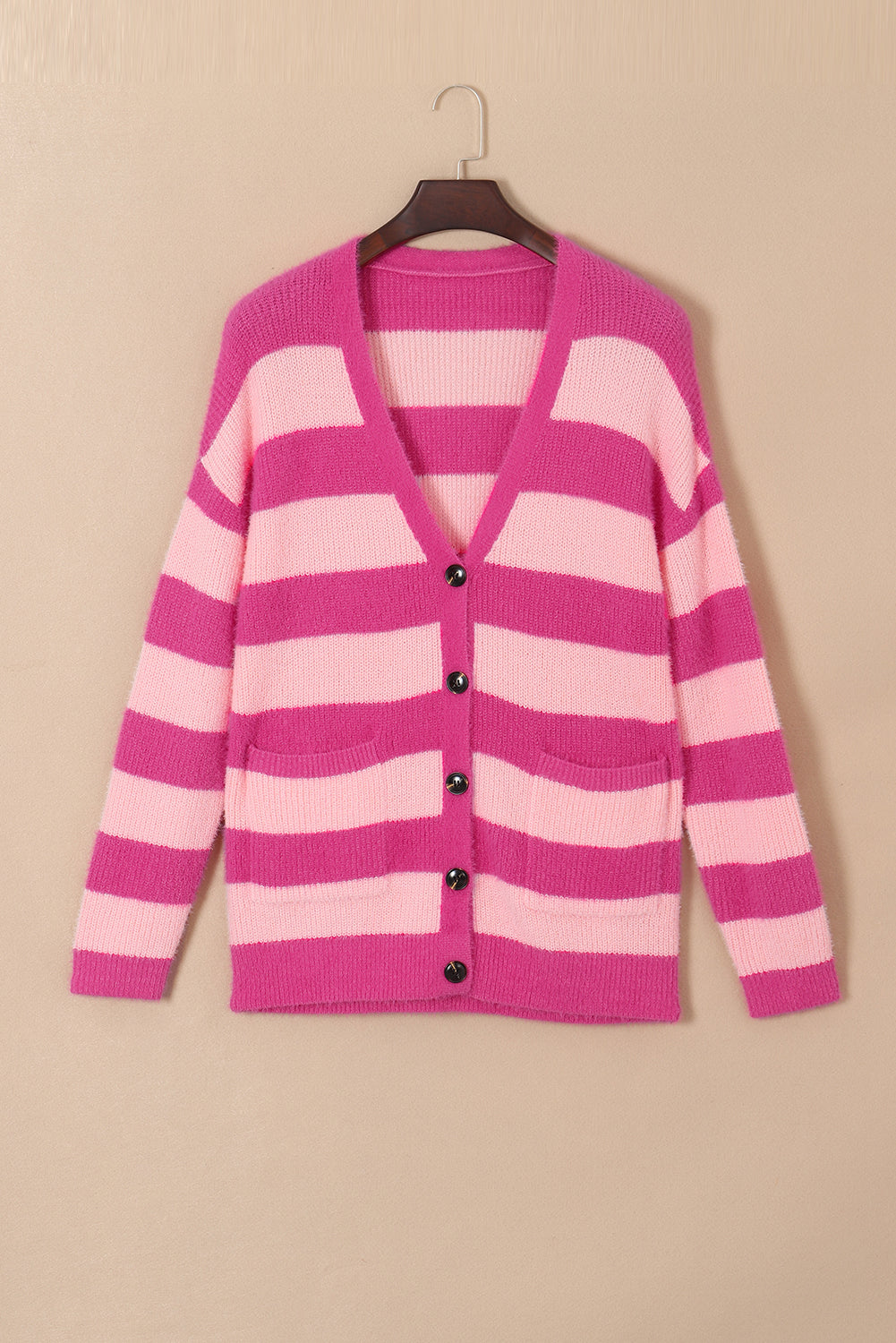 Strawberry Pink Colorblock Striped Buttoned Fuzzy Cardigan with pockets and buttons, showcasing a trendy design.