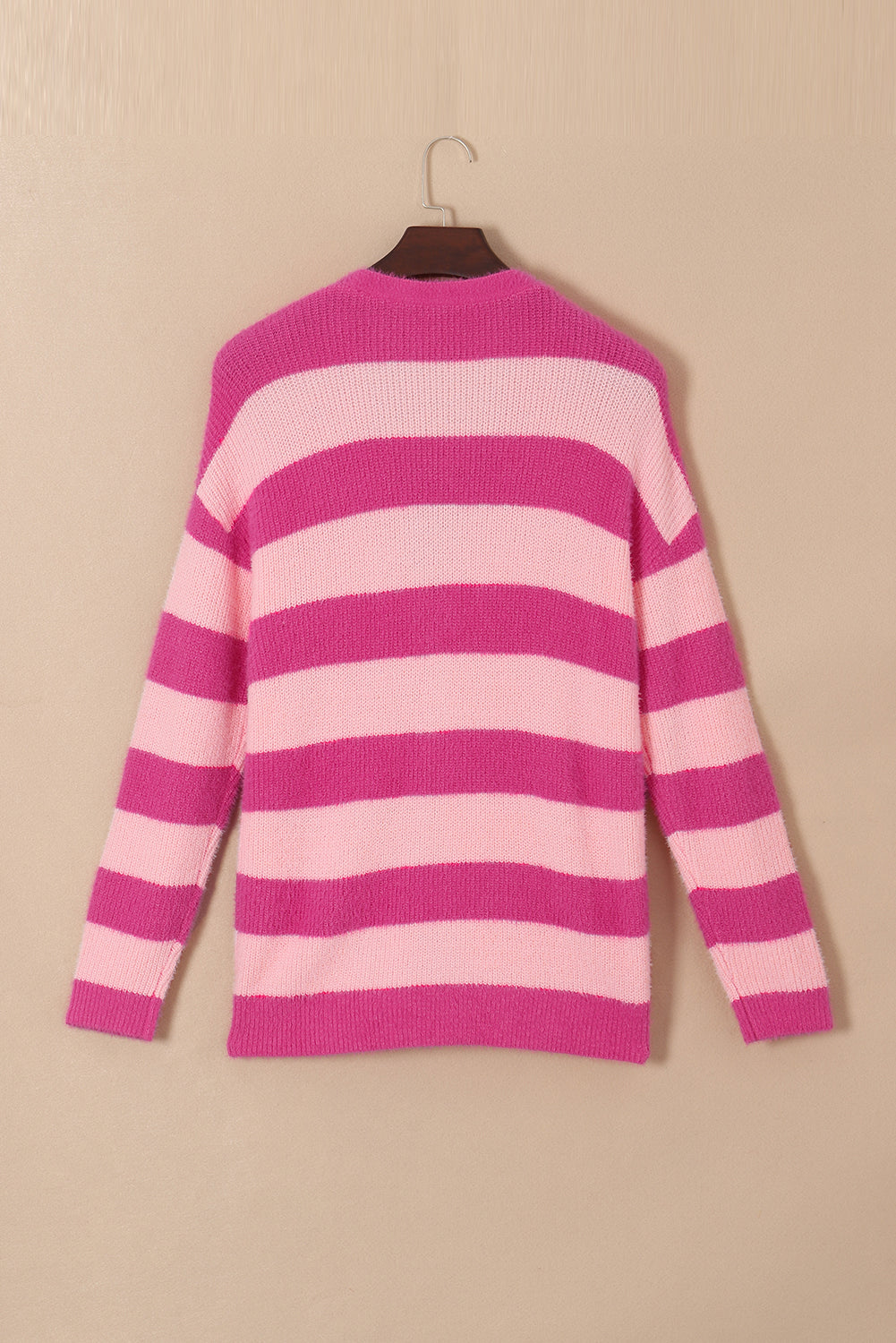 Strawberry Pink Colorblock Striped Buttoned Fuzzy Cardigan with pockets and buttons, showcasing a trendy design.