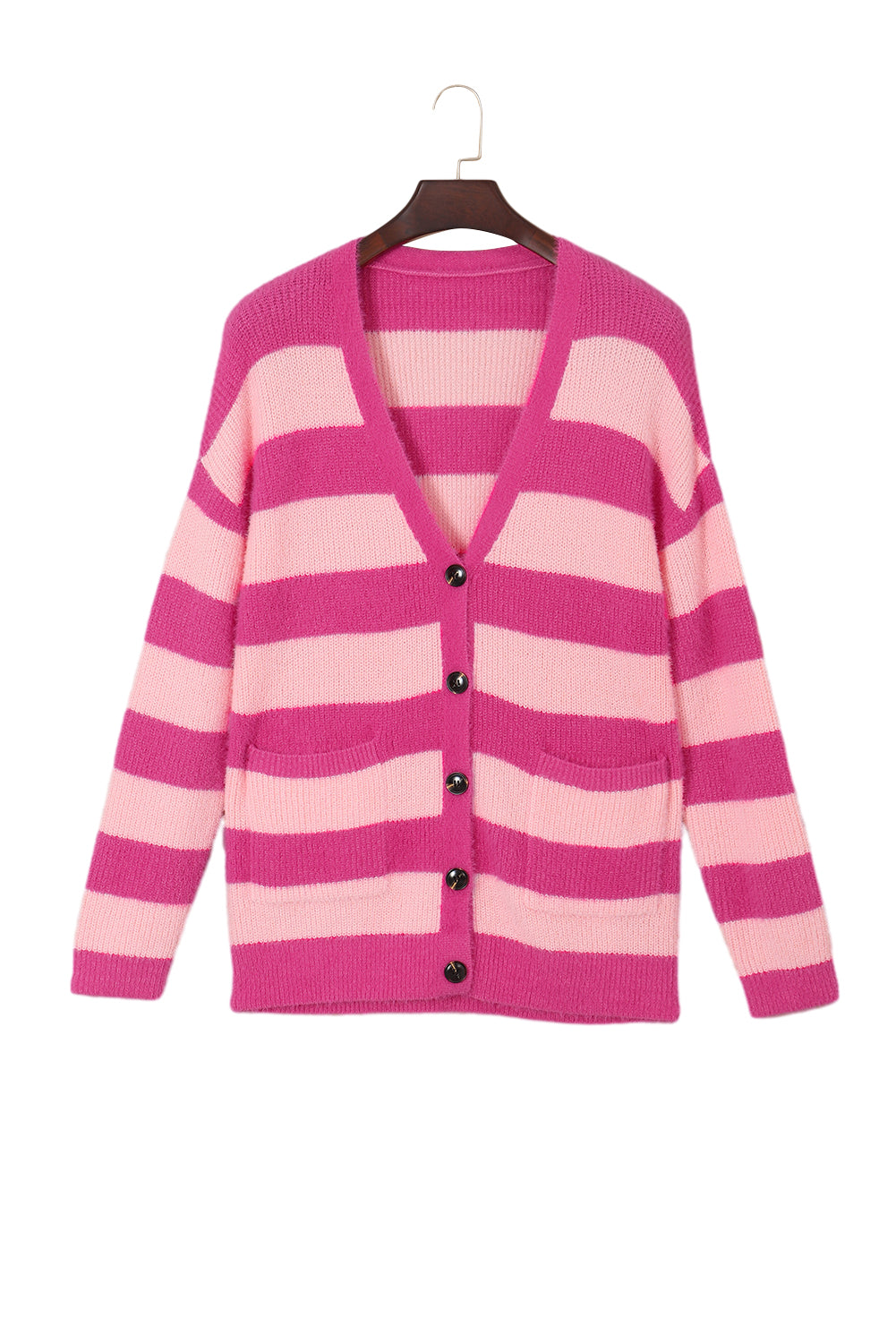 Strawberry Pink Colorblock Striped Buttoned Fuzzy Cardigan with pockets and buttons, showcasing a trendy design.