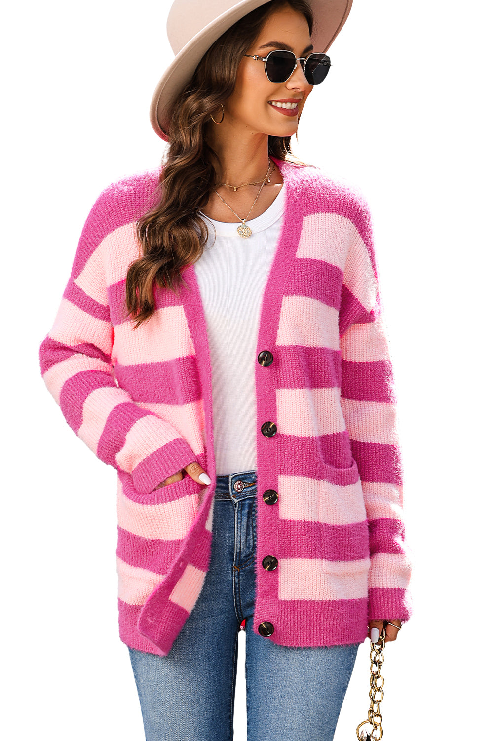 Strawberry Pink Colorblock Striped Buttoned Fuzzy Cardigan with pockets and buttons, showcasing a trendy design.