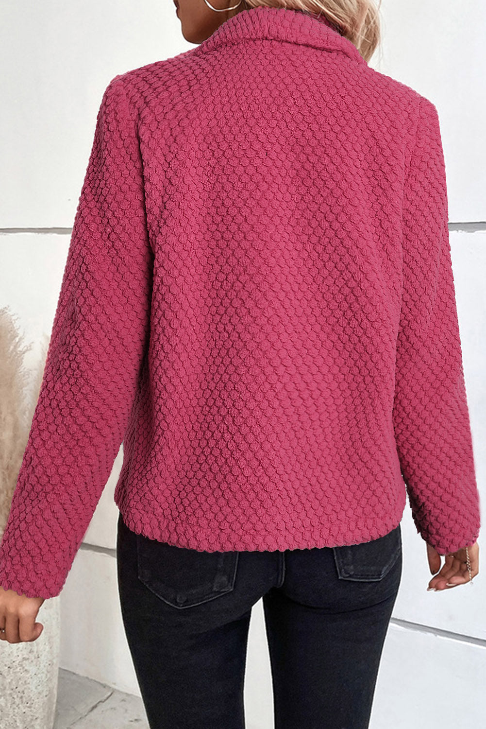 Strawberry pink fleece textured jacket with lapel collar and open front design, perfect for layering in casual outfits.