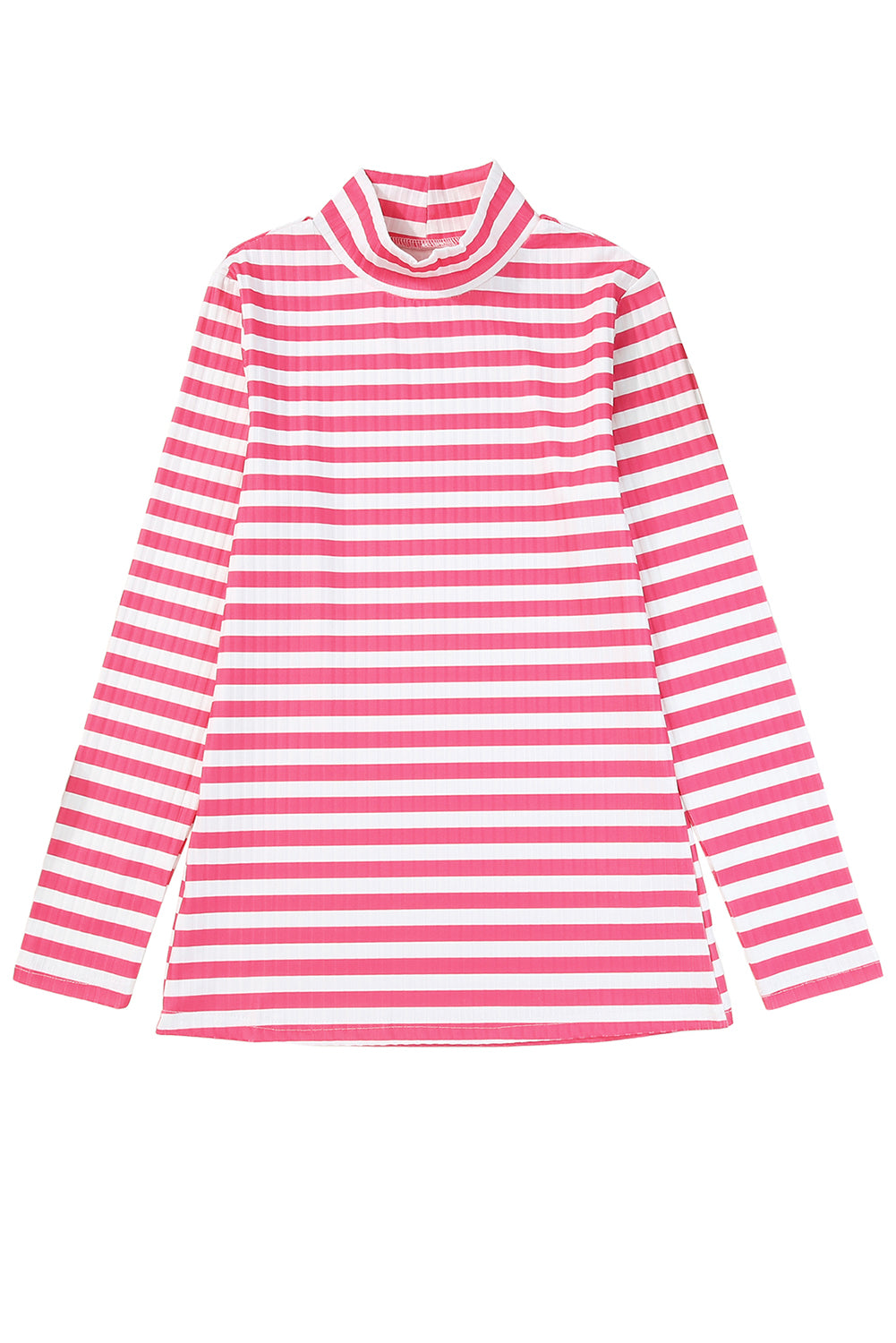 Strawberry pink striped long sleeve tee with textured knit fabric and high neck design, perfect for stylish layering.