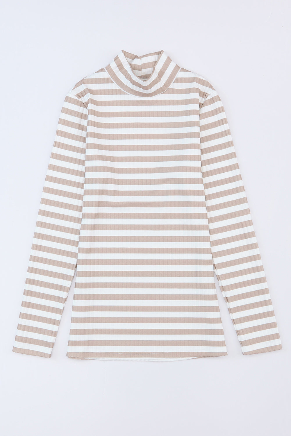 Strawberry pink striped long sleeve tee with textured knit fabric and high neck design, perfect for stylish layering.