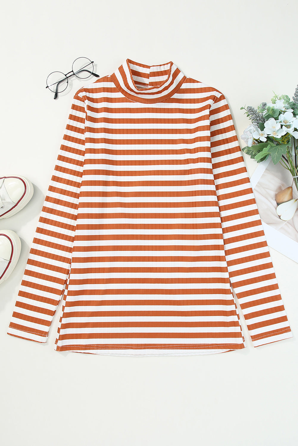 Strawberry pink striped long sleeve tee with textured knit fabric and high neck design, perfect for stylish layering.