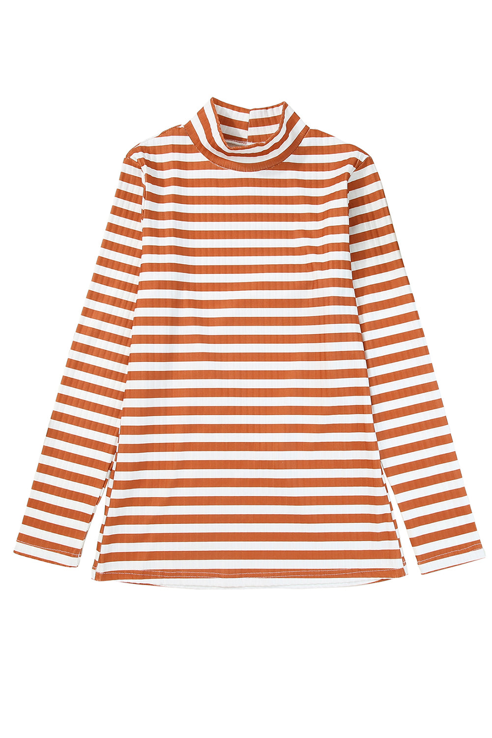 Strawberry pink striped long sleeve tee with textured knit fabric and high neck design, perfect for stylish layering.