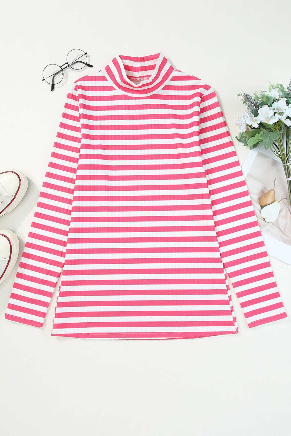 Strawberry pink striped long sleeve tee with textured knit fabric and high neck design, perfect for stylish layering.