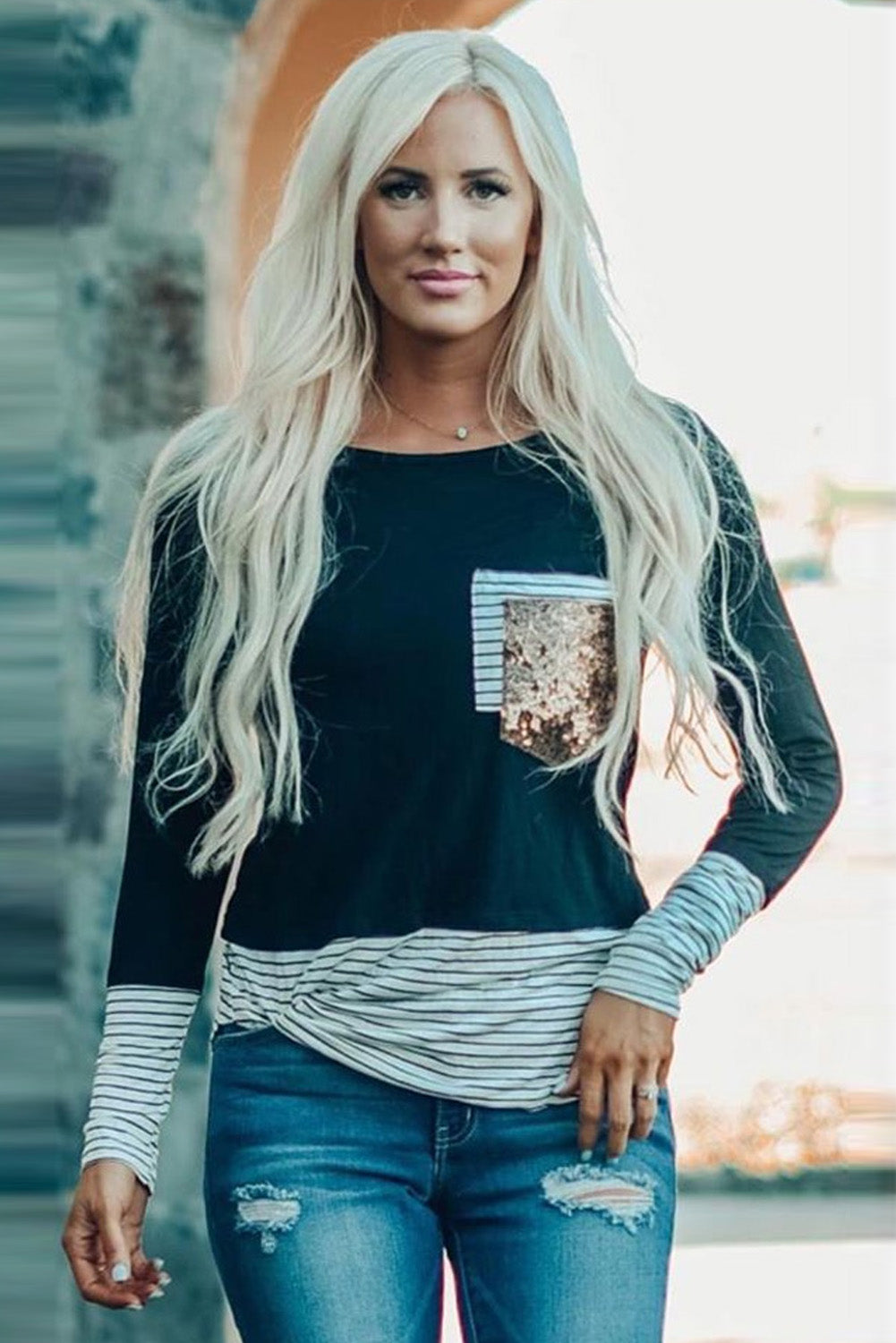 A stylish long sleeve O-neck top featuring a striped sequined patch pocket, colorblock and camo print design, perfect for casual wear.