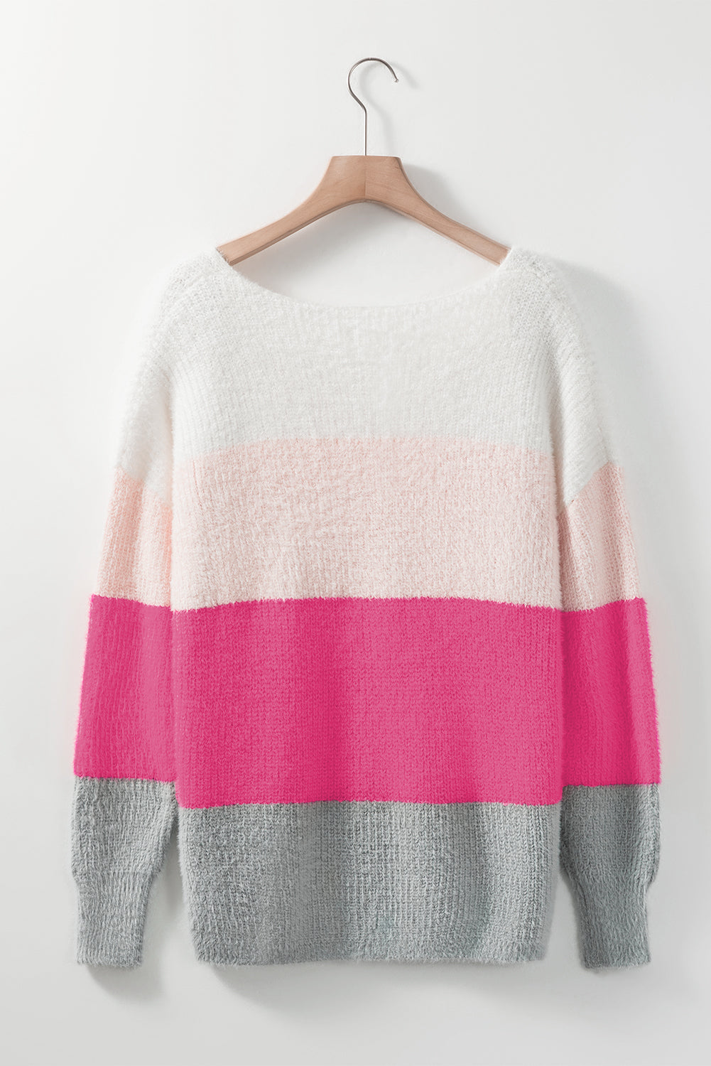 A cozy striped color block fuzzy V neck sweater in vibrant colors, perfect for chilly days and stylish outfits.