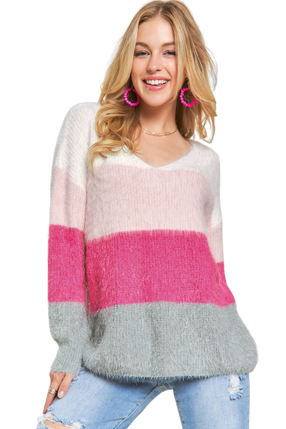 A cozy striped color block fuzzy V neck sweater in vibrant colors, perfect for chilly days and stylish outfits.