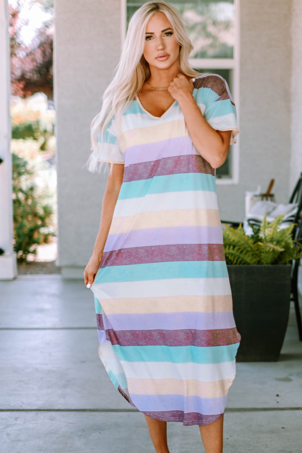 A stylish Striped Color Block V Neck T Shirt Midi Dress featuring vibrant multi-color stripes, perfect for summer outings.