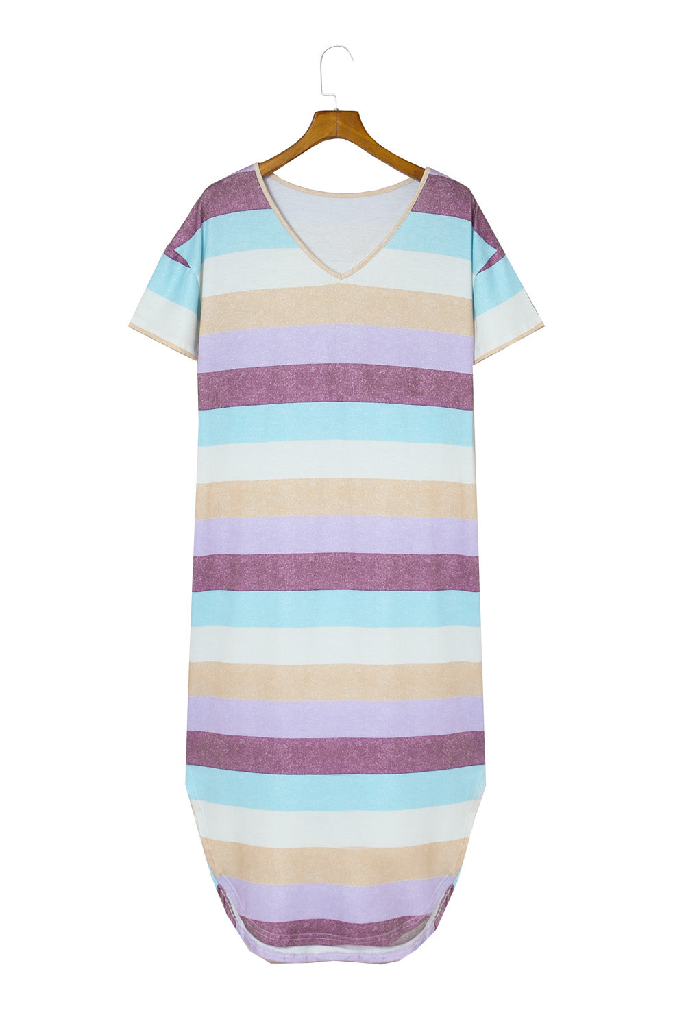 A stylish Striped Color Block V Neck T Shirt Midi Dress featuring vibrant multi-color stripes, perfect for summer outings.