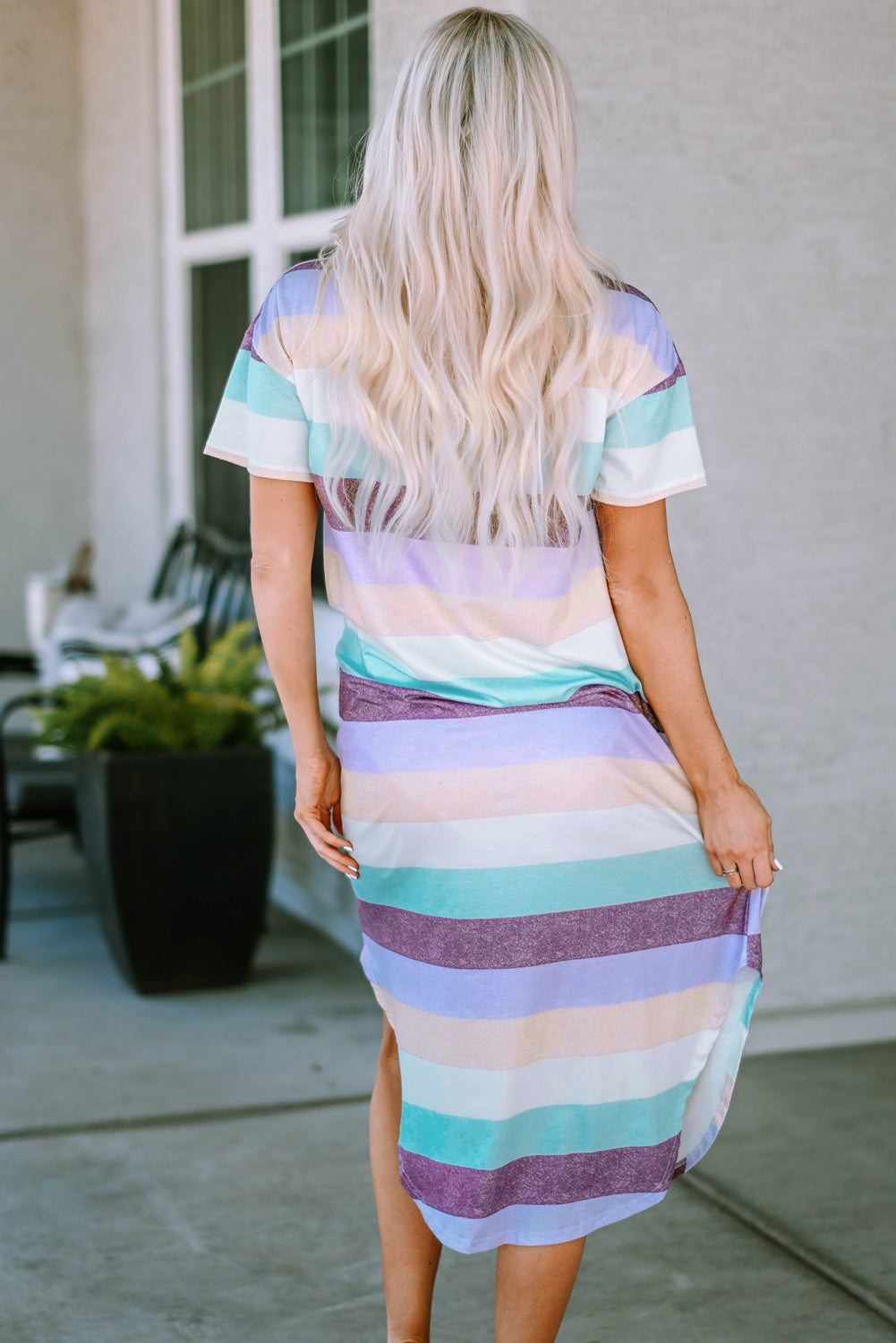 A stylish Striped Color Block V Neck T Shirt Midi Dress featuring vibrant multi-color stripes, perfect for summer outings.