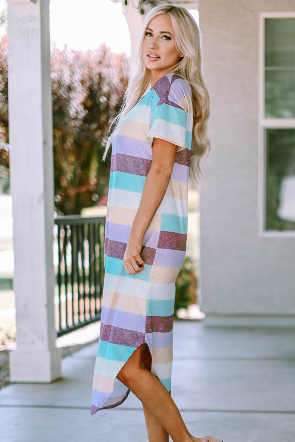 A stylish Striped Color Block V Neck T Shirt Midi Dress featuring vibrant multi-color stripes, perfect for summer outings.