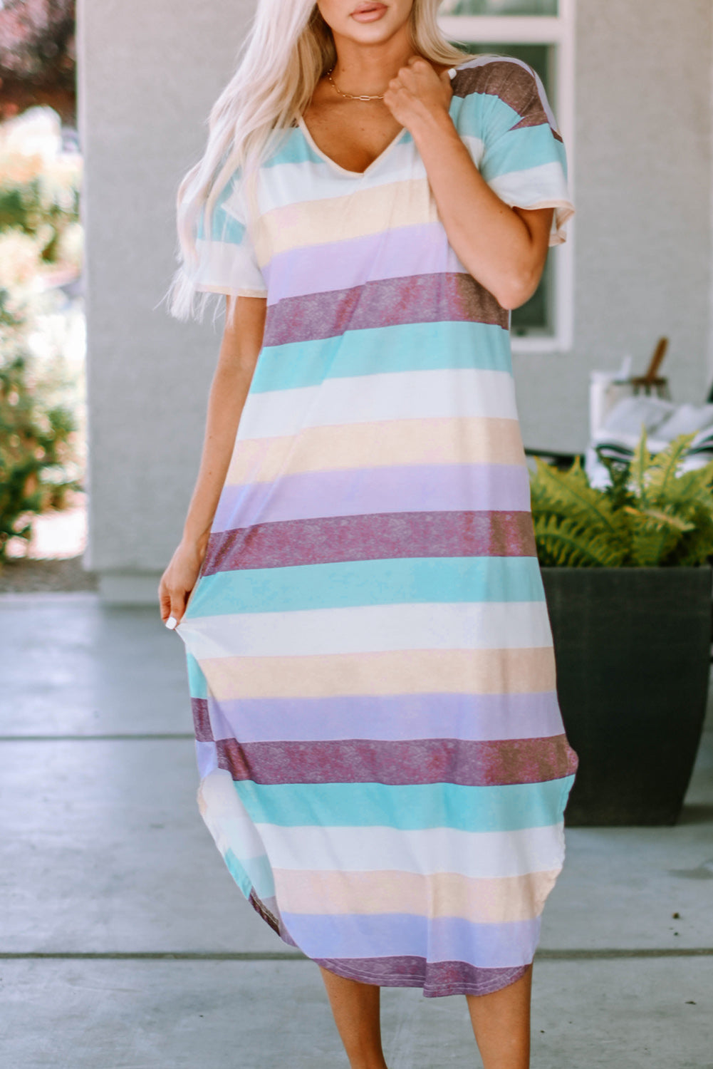 A stylish Striped Color Block V Neck T Shirt Midi Dress featuring vibrant multi-color stripes, perfect for summer outings.