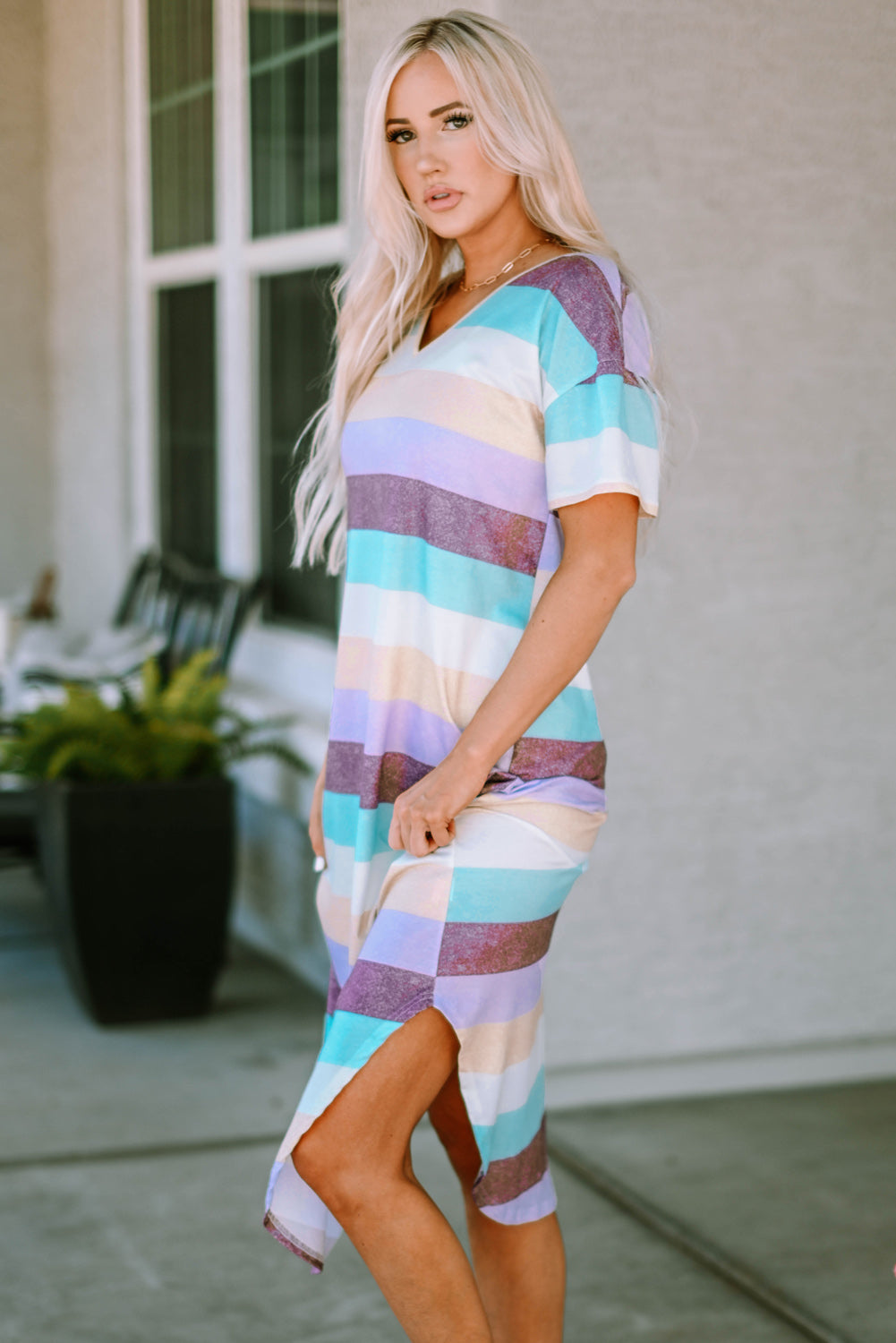 A stylish Striped Color Block V Neck T Shirt Midi Dress featuring vibrant multi-color stripes, perfect for summer outings.