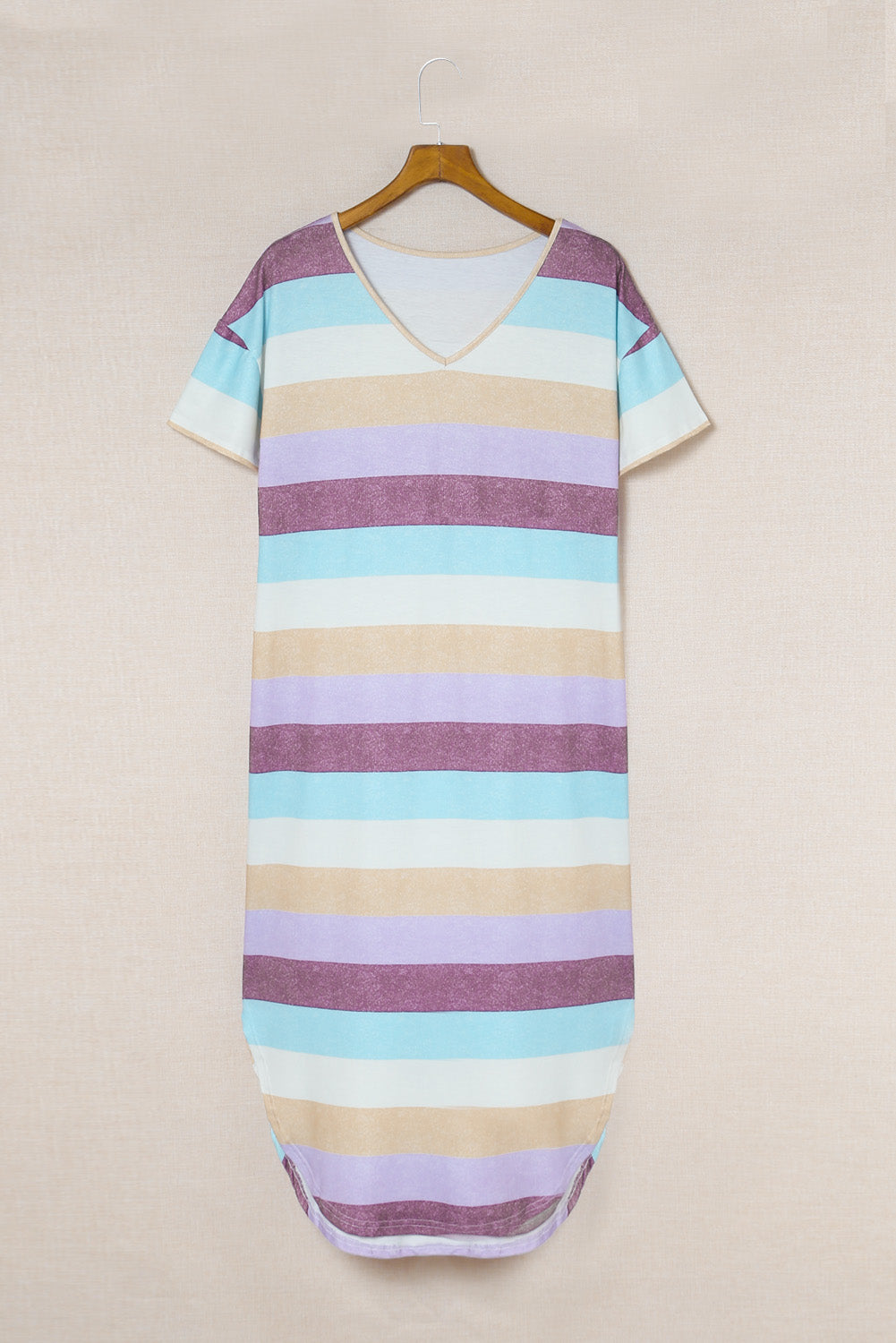 A stylish Striped Color Block V Neck T Shirt Midi Dress featuring vibrant multi-color stripes, perfect for summer outings.