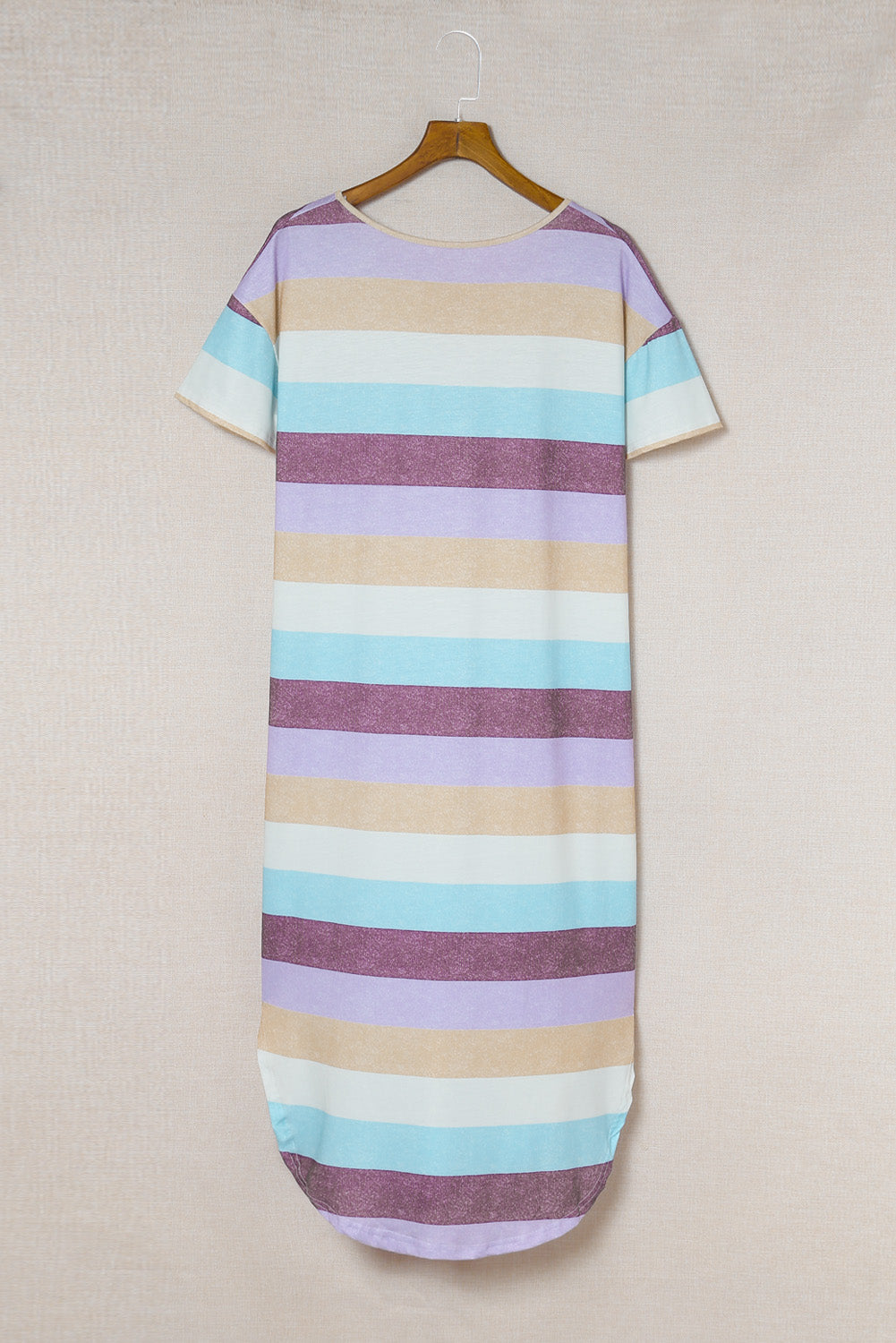 A stylish Striped Color Block V Neck T Shirt Midi Dress featuring vibrant multi-color stripes, perfect for summer outings.