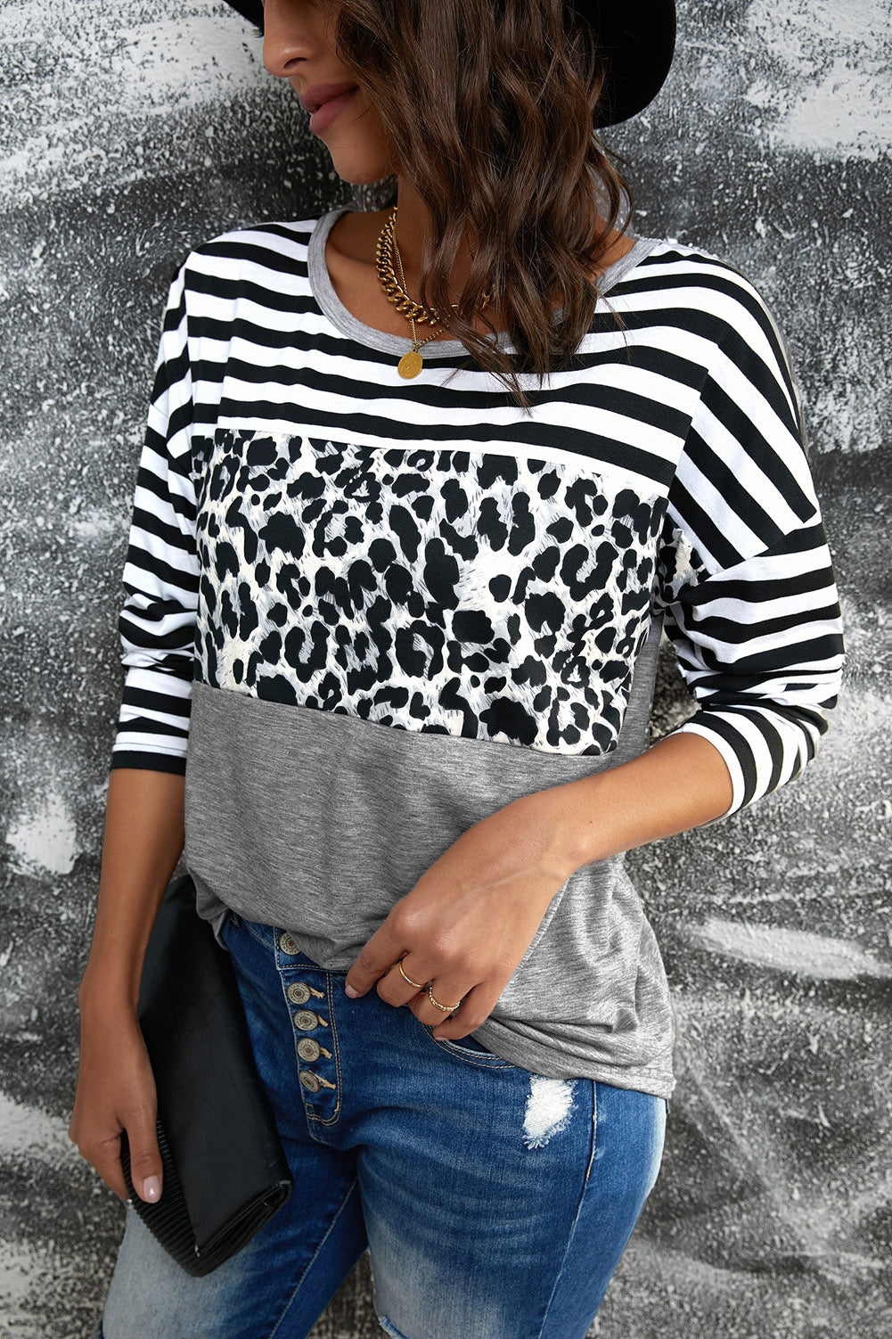 A stylish Striped Leopard Block Splicing Long Sleeve Top featuring a mix of leopard print, stripes, and solid colors, perfect for modern women.