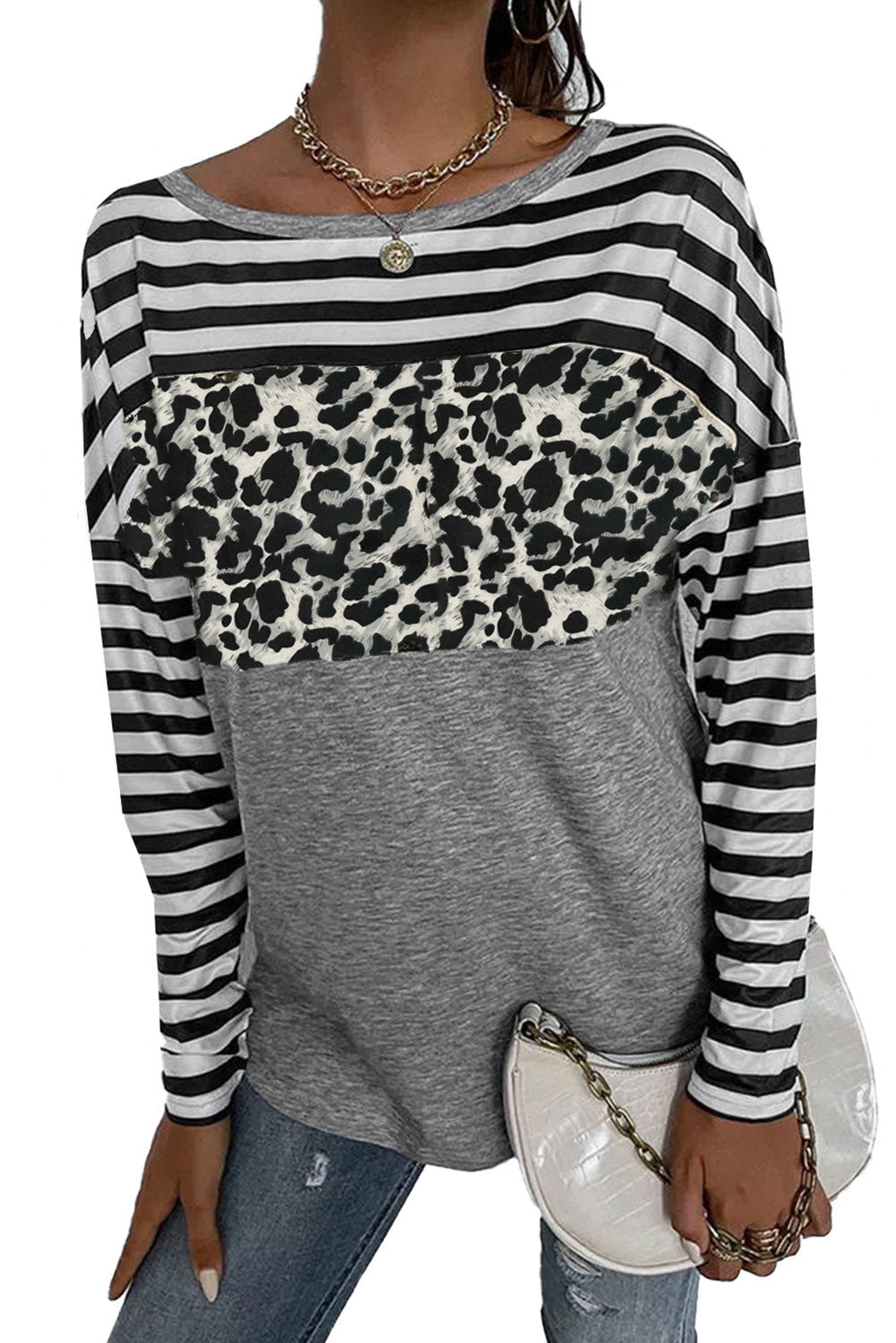 A stylish Striped Leopard Block Splicing Long Sleeve Top featuring a mix of leopard print, stripes, and solid colors, perfect for modern women.